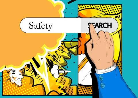 Virtual search bar with the text Safety. Businessman pushing his right hand i Stock Illustration