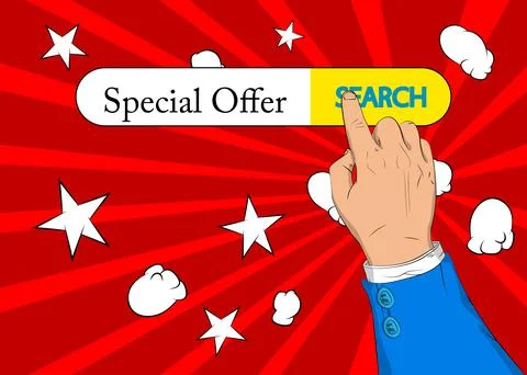 Virtual search bar with the text Special offer. Businessman pushing his right Stock Illustration