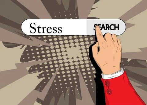 Virtual search bar with the text Stress. Businessman pushing his right hand i Stock Illustration