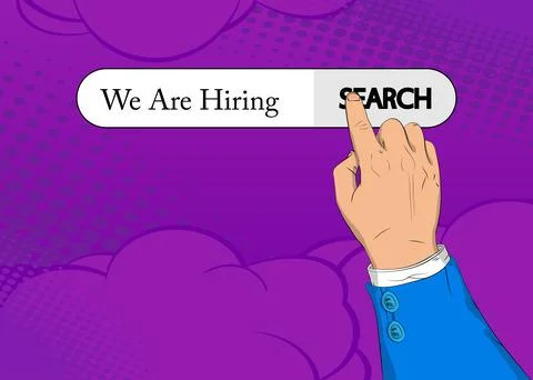 Virtual search bar with the text We are hiring. Businessman pushing his right Stock Illustration