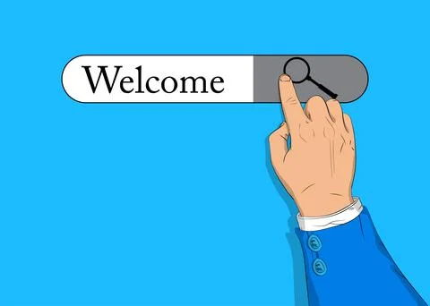 Virtual search bar with the text Welcome. Businessman pushing his right hand  Stock Illustration