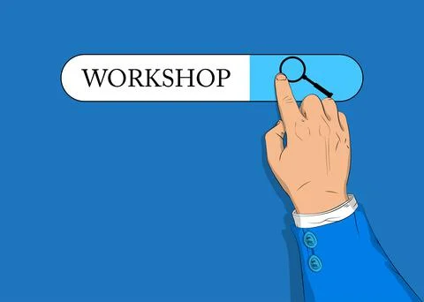 Virtual search bar with the text Workshop. Businessman pushing his right hand Stock Illustration