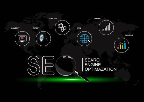 A virtual seo icon analyzing search engine optimization for website ranking Stock Illustration