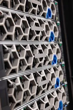 Virtual Server and Storage Hardware In Large Modern Hyperconverged Datacenter Stock Photos
