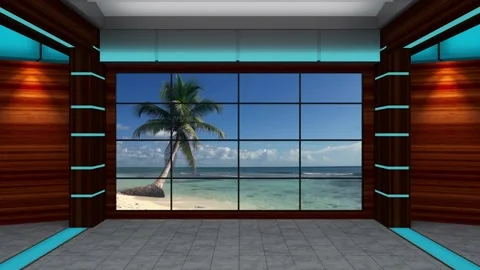 Virtual Set Coconut Tree &amp; Water With Wooden Background 21 Stock Footage 135815787