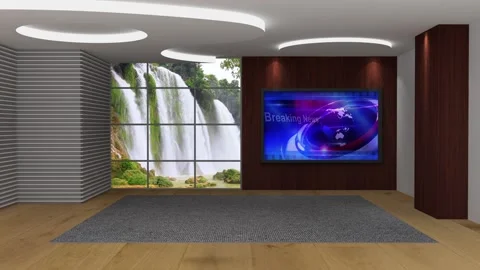 Virtual Set Water Fall &amp; Breaking News With Blue Glob 3D Background 03 Stock Footage 134161985