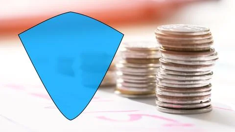 Virtual shield against the background of netcoins. Online financial security Stock Photos