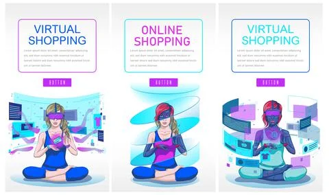 Virtual Shopping Flat Illustration Metaverse virtual reality concept, color n Stock Illustration