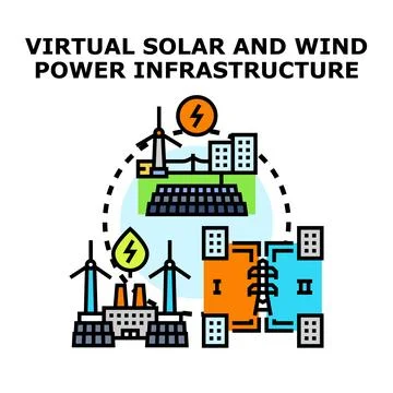 Virtual solar and wind power infrastructure network connecting buildings Stock Illustration