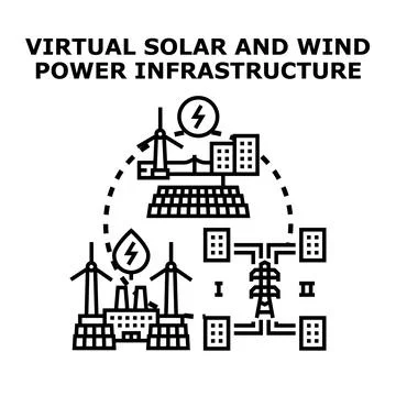 Virtual solar and wind power infrastructure network connecting buildings Stock Illustration