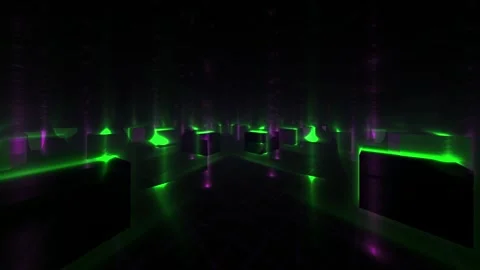 Virtual Space with Green and Purple Neon Grid Blocks in Futuristic Motion Stock Footage 343772691