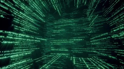 Virtual space with running code in the form of cubes 3d illustration Stock Illustration