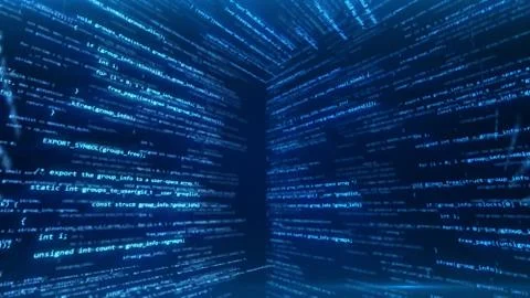 Virtual space with running code in the form of cubes 3d illustration Stock Illustration