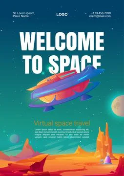 Virtual space travel flyer with spacecraft Stock Illustration