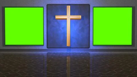 Virtual studio background with cross and green screens .  3d render Illustrazione stock