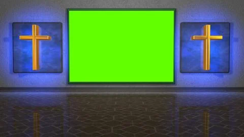 Virtual studio background with crosses and green screen. d render Stock Illustration