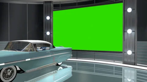 Virtual studio background with green screen video wall and classic car 스톡 동영상 33647399