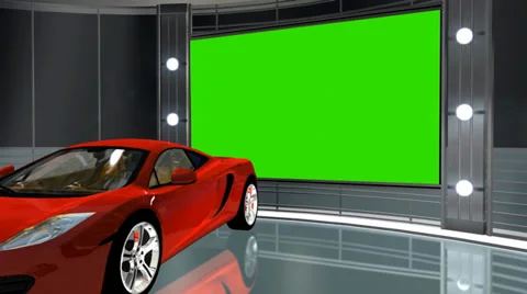 Virtual studio background with green screen video wall and sport car Stock Footage 33647419