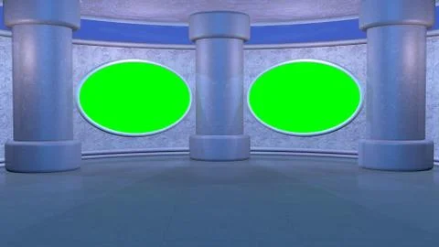 Virtual studio background with tall columns and Green screens on  wall Illustrazione stock