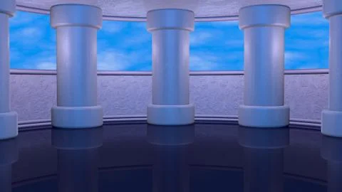Virtual studio background tall columns. 3d render. Day time Stockillustratie