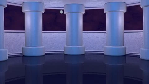 Virtual studio background tall columns. 3d render. Night time 스톡 일러스트