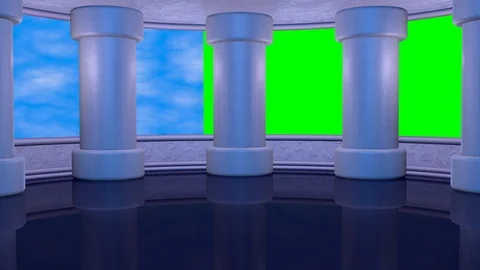 Virtual studio with columns, moving green screen. Looping 3d animation. Stock Footage 89817314