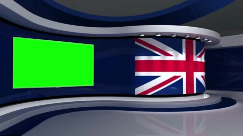 Virtual studio. Green screen. TV studio. British flag. News studio. Stock Footage 152128314