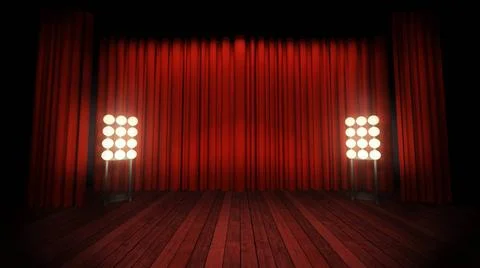  Virtual studio, music stage background, with spotlights and red curtains.... Foto stock
