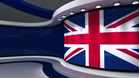 Virtual studio. TV studio. British flag. News studio. Vídeos de archivo 152128301