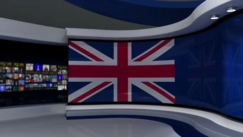 Virtual studio. TV studio. British flag. News studio. Vídeos de archivo 152128412