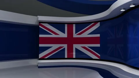 Virtual studio. TV studio. British flag. News studio. Vídeos de archivo 152128437