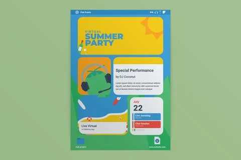 Virtual Summer Party Flat Design Flyer Template A4 Illustrazione stock
