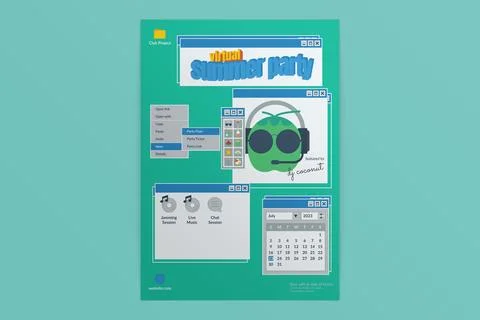 Virtual Summer Party Flat Design Flyer Template A4 Illustrazione stock