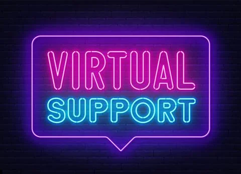 Virtual Support neon sign in the speech bubble on brick wall background. Stock Illustration