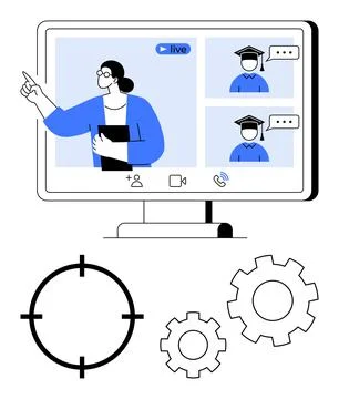 Virtual teacher pointing while instructing two students on a live call displa Stock Illustration