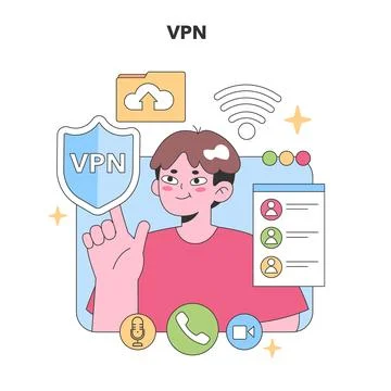 A virtual team member showcases secure VPN. Flat vector illustration Stock Illustration