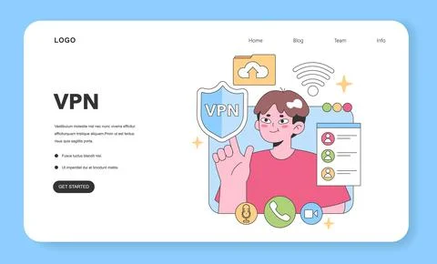 A virtual team member showcases secure VPN. Flat vector illustration Stock Illustration