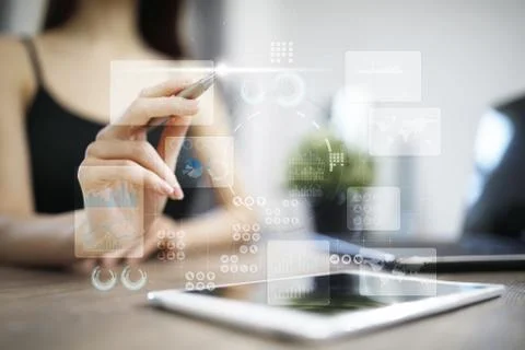 Virtual touch screen. Project management. Data analysis. Hitech technology Stock-Fotos