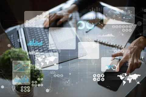 Virtual touch screen. Project management. Data analysis. Hitech technology Stock Photos