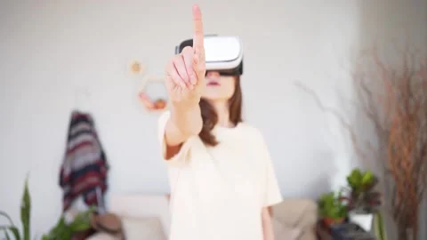 Virtual touch. Shopping in cyberspace. Young woman in white virtual reality Stock Footage 151254008
