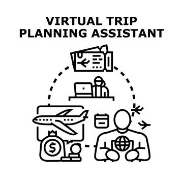 Virtual trip planning assistant arranging travel reservations Stock Illustration