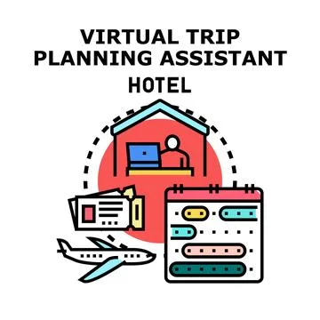 Virtual trip planning assistant arranging hotel booking travel Stock Illustration
