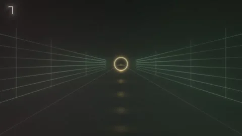 Virtual tunnel with glowing shapes and lines in dark space Stock Footage 339491971