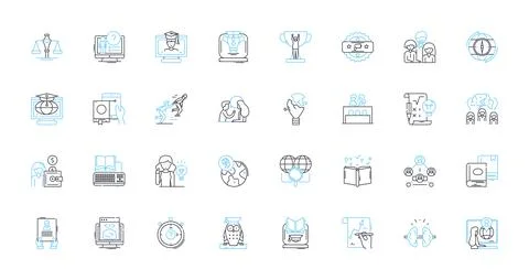 Virtual Tutorial linear icons set. Digital, Online, Remote, Interactive, E Stock Illustration