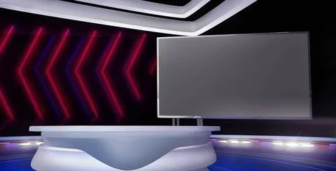 Virtual TV show background with a desk and a empty monitor screen. 3D grap... Stock Photos