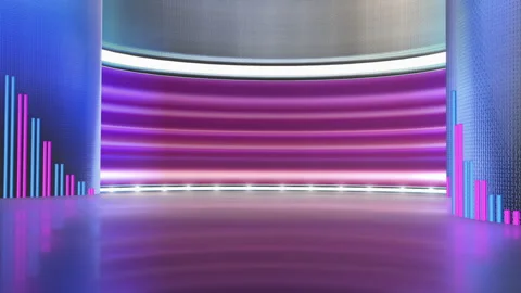 Virtual TV Studio Background with Bar Graphs and Pink Curved Screen Stock Footage 348298297