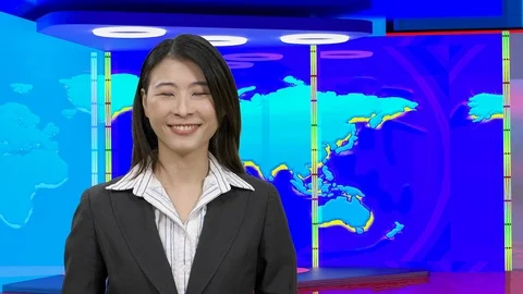 Virtual TV studio with female anchor, original design elements 스톡 동영상 107061822