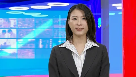 Virtual TV studio with female anchor, original design elements 스톡 동영상 107062329