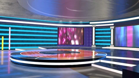 Virtual TV Studio Set with Circular Stage and LED Screens Stock-Footage 348298342