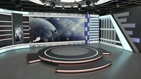 Virtual TV Studio Set. Green screen background. 3d Rendering Stock Illustration